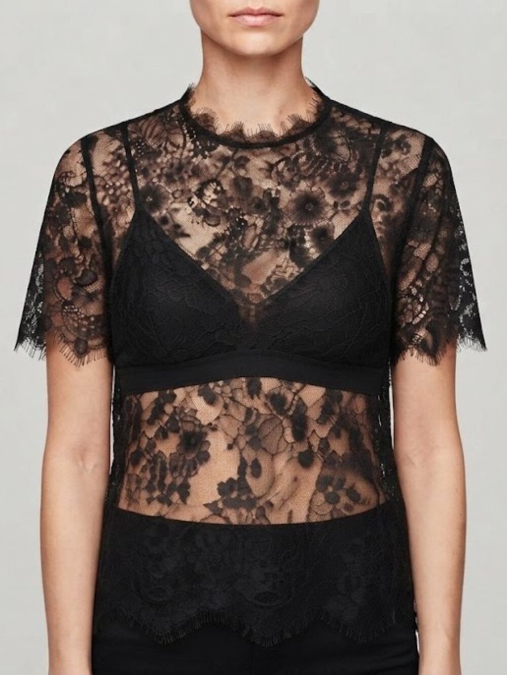Black Sheer Floral Lace Short-Sleeve Top